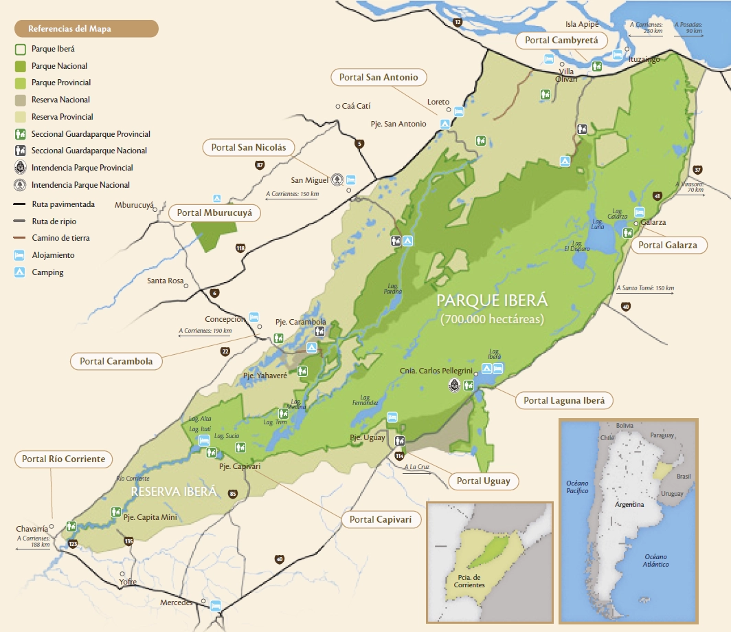 Mapa oficial de los 10 portales de acceso del Gran Parque Iberá, Corrientes, Argentina. El Portal Carambola —donde se ubica El Tránsito Hotel Boutique— está marcado al suroeste junto a la localidad de Concepción del Yaguareté Corá.